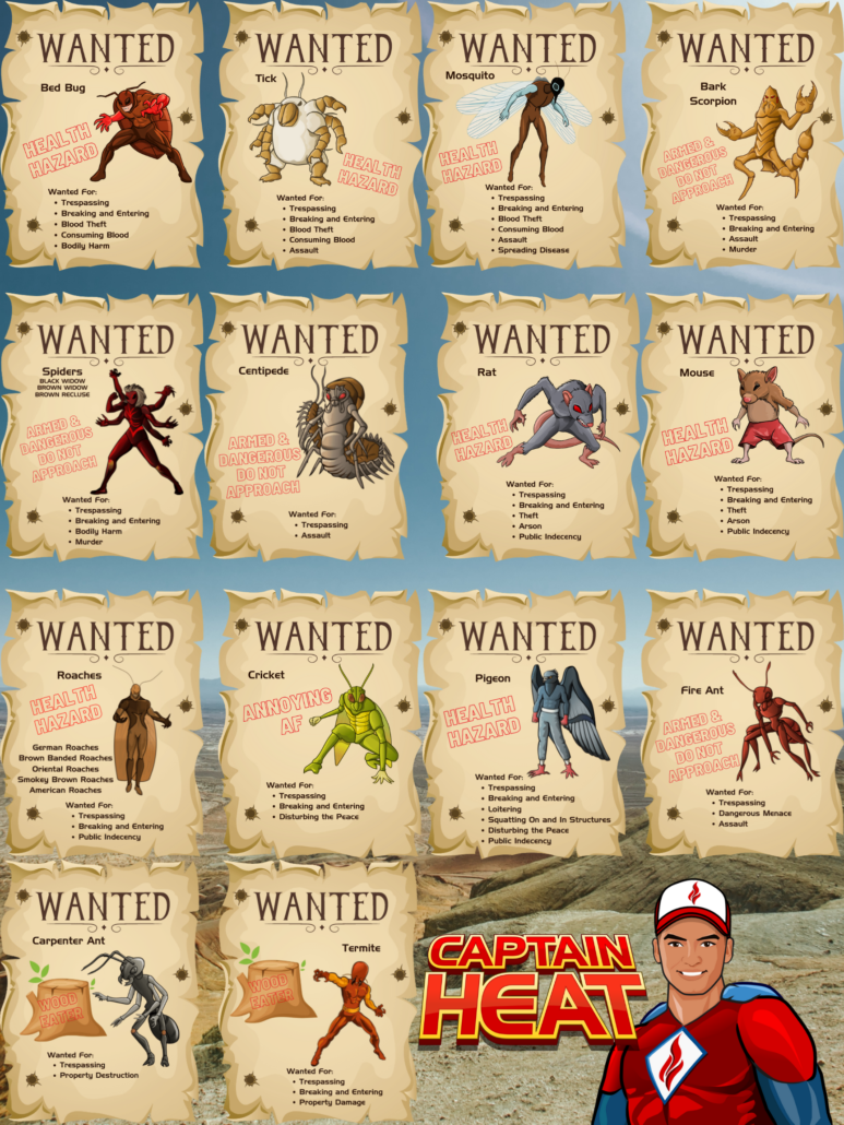 Most Wanted Pest Villains Poster Heat Pest Services Pest Control Heroes
